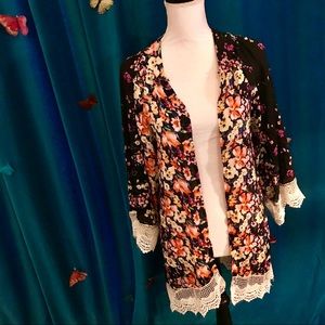 MIX MAX Black Floral Lace Trimmed Kimono L